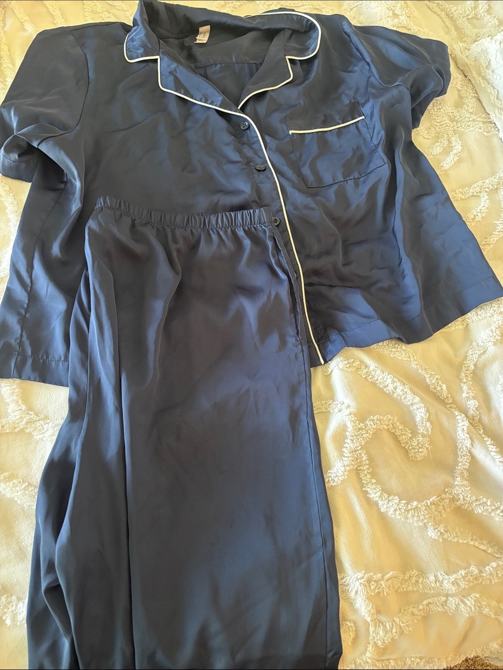 Auden Navy Blue Satin Pajama Set with White Piping